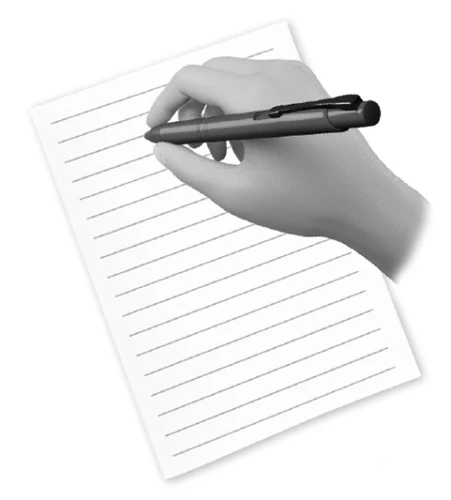 A hand holding a black pen and writing on an inclined horizontally-lined white sheet of paper