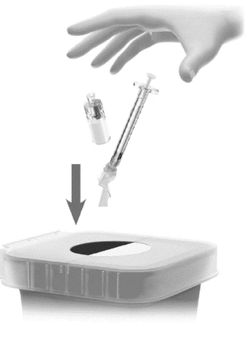 A gloved hand holding a syringe and a vial above a disposal container with an arrow indicating downward movement