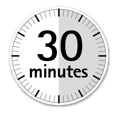 Circular clock with black graduated scale and the text '30 minutes' in the center on white and gray background indicating a time interval