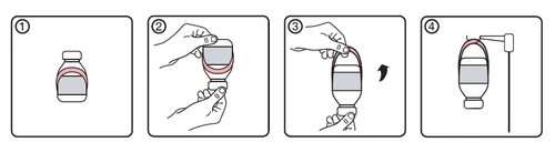 Sequenza di quattro illustrazioni che mostrano come preparare un flaconcino: estrarre il tappo, rimuovere la fascia e ruotare il dispositivo per l'uso