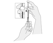 Two hands preparing the medication, one holding a vial and the