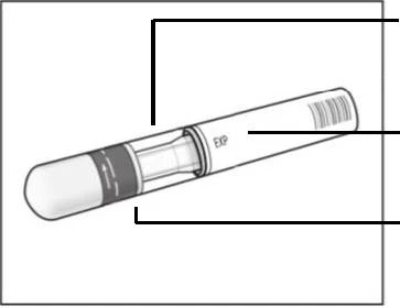 Technical drawing of an injection pen with lines indicating expiration date 'EXP' and base of the device on a white background