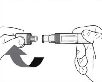 Two hands joining two components of an injection pen following the direction indicated by a curved arrow pointing toward the