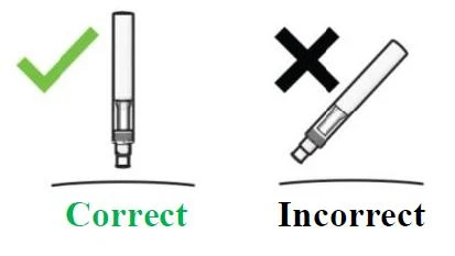 Green checkmark on a medical device held vertically with the word 'Correct', and a black cross on a tilted device with the word 'Incorrect'