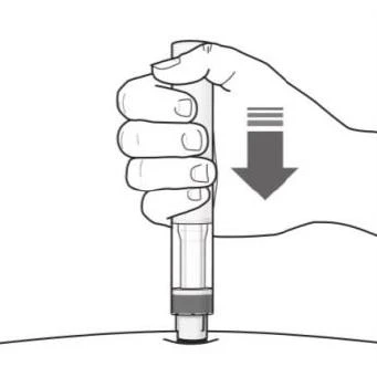 A hand holding an injection pen vertically, pressing it downward onto the skin surface with an arrow indicating the movement
