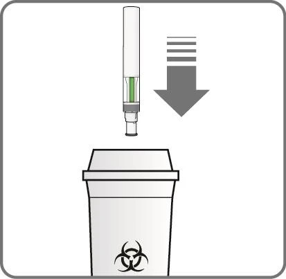 Diagram showing an injection pen being inserted vertically into a biohazard waste container with a biological hazard symbol