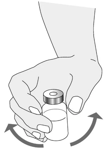 A hand holding a small vial with liquid while two curved arrows indicate a horizontal rotating motion