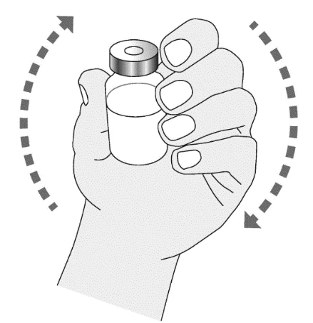 A hand gripping a medication vial between thumb and fingers with two curved dashed arrows indicating a rotational movement