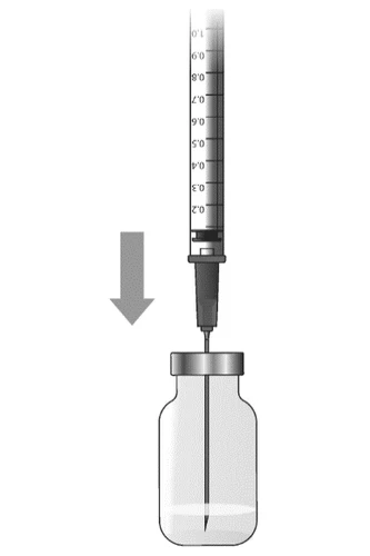 Syringe with needle being inserted vertically into a glass vial with a downward-pointing arrow