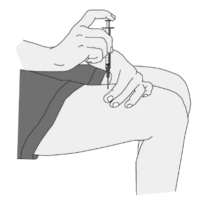 Black and white drawing showing a hand holding a syringe to inject medication into the upper thigh of a person
