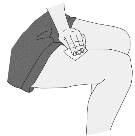 Black and white drawing showing a hand pressing a cotton pad onto the upper thigh of a seated person