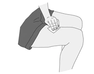 Stylized drawing of a hand pressing a square patch onto the upper thigh of a seated person