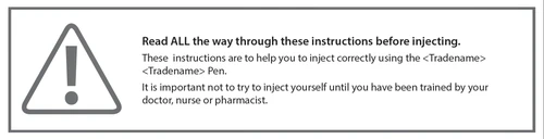 Warning symbol with exclamation mark in a triangle next to an informational text advising to read instructions before use