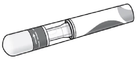 Technical drawing of a medical injection pen with a cylindrical body and transparent internal mechanism showing the plunger and medication reservoir