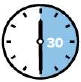Analog clock with white background and a blue section highlighting the time from 12 to 6 o'clock with the number 30 at the center