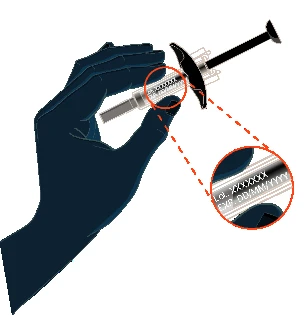 A gloved hand holding a syringe with a magnified view showing the expiration date and lot number printed on the device barrel