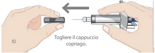 Two hands removing a protective cap from a syringe barrel with a gray arrow indicating movement to the left