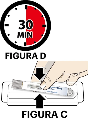 Clock icon with a red sector indicating 30 minutes and a diagram showing a hand pressing a medical device onto a white base