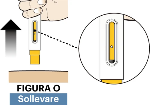 A hand holding a white medical device with a yellow indicator and a black arrow pointing toward the