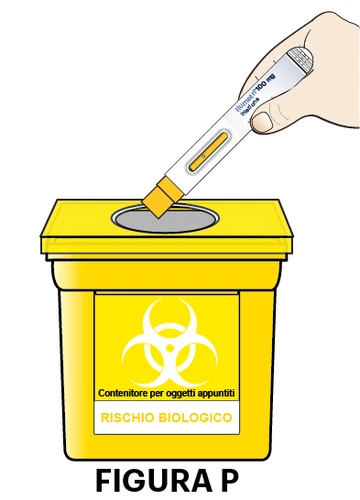 A hand inserting a white and yellow injection pen into a yellow sharps container with biohazard symbol