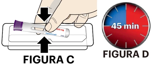 A hand pressing a glass vial onto a white base with black arrows and a clock indicating a 45-minute duration