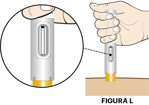 A hand holding a gray and white cylindrical auto-injector placed against the body skin for