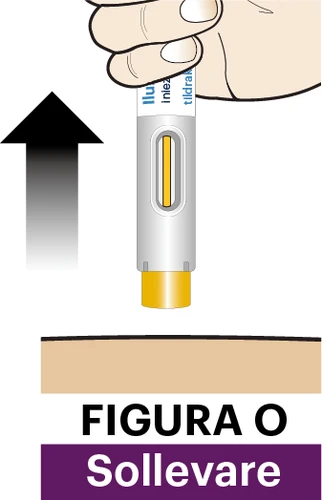 A hand holding a vertical auto-injector with a black arrow pointing toward the