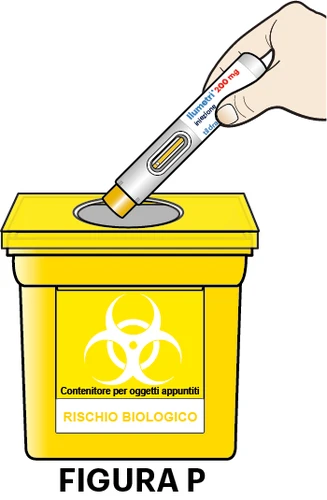 A hand holding an Ilumetri 200 mg injection pen and placing it into a yellow sharps container with biohazard symbol