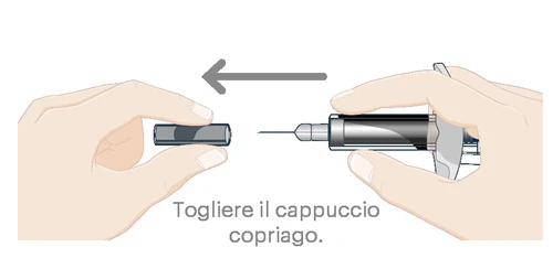 Two hands removing the protective cap from the syringe barrel with a gray arrow indicating movement to the left