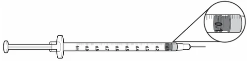 Diagramma di una siringa con scala graduata da 0,1 a 1 ml e un ingrandimento che mostra il dettaglio della misurazione del liquido a 0,1 ml