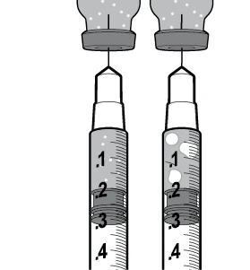 Due siringhe con liquido e bolle d'aria mostrano la scala graduata con i numeri 1, 2, 3 e 4 per misurare il dosaggio del farmaco