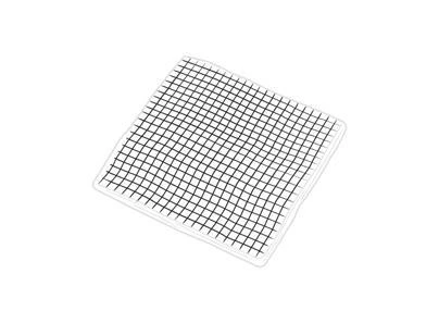 Rete medica quadrata a maglie nere regolari su sfondo bianco con bordi sottili e struttura a griglia geometrica regolare