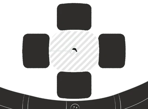 Simbolo medico a forma di croce con quattro bracci neri arrotondati e un centro circolare bianco con sottili linee diagonali grigie