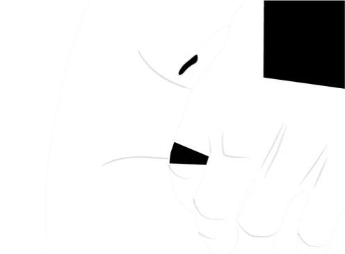 Disegno stilizzato in bianco e nero che mostra un dettaglio di un volto umano con occhi e bocca accennati su sfondo bianco