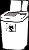 Contenitore bianco per rifiuti biologici con coperchio e simbolo del rischio biologico nero sulla parte frontale