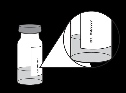 Flaconcino di vetro con liquido e un ingrandimento della parte dell'etichetta che riporta la data di scadenza indicata come EXP MM/YYYY