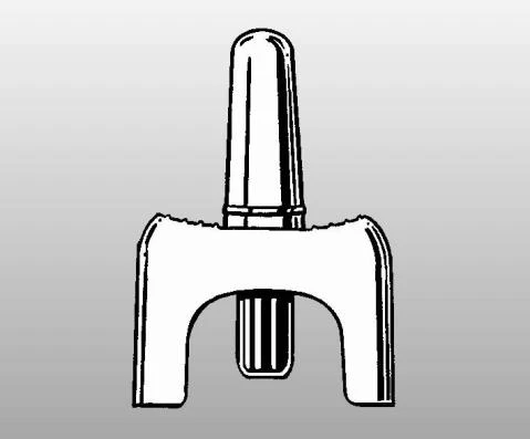 Disegno in bianco e nero di un dispositivo medico composto da un cilindro verticale inserito in una base a forma di arco con due gambe laterali