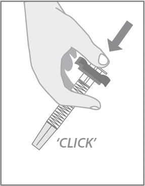 Una mano sostiene un dispositivo médico con una flecha que indica la presión del pulgar y el texto CLICK que indica la