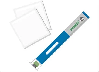 Blue and gray injection pen labeled Imraldi 40 mg next to two square white leaflets on a neutral background