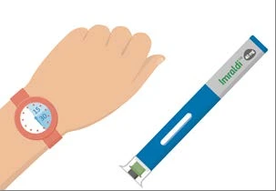 Illustration of a hand with a wristwatch next to a blue and gray injection pen labeled Imraldi