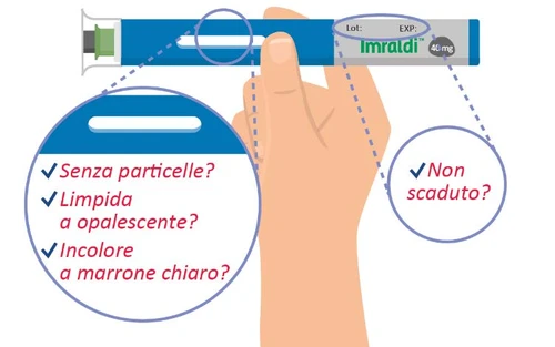A hand holding a blue Imraldi injection pen with close-ups showing inspection for particles, color, and expiration date