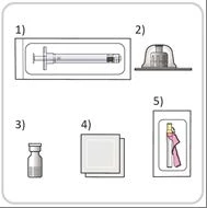 Numbered diagram showing a syringe in packaging, cap, vial with liquid, square tablets, and a syringe with pink liquid in a container