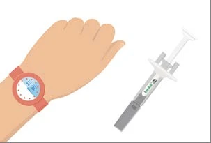 Illustration of an arm with a digital watch on the wrist and a gray syringe placed beside it on a white background