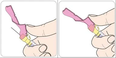 Dos ilustraciones muestran manos que sostienen un dispositivo médico con punta rosa y cuerpo transparente para la preparación o la