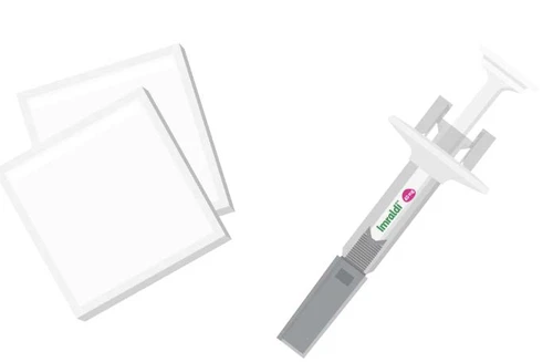 Illustration of two square white adhesive patches next to a pre-filled syringe labeled Imraldi on a white background