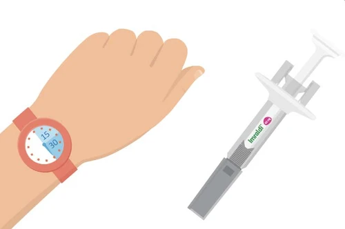 Illustration of an arm with a red digital watch showing 15:30 next to a gray syringe with a pink label and the text Imraldi