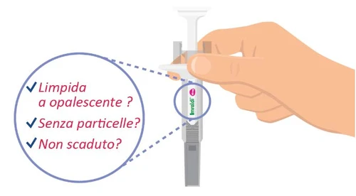 A hand holding an injection pen with a circle highlighting checks for clear liquid,