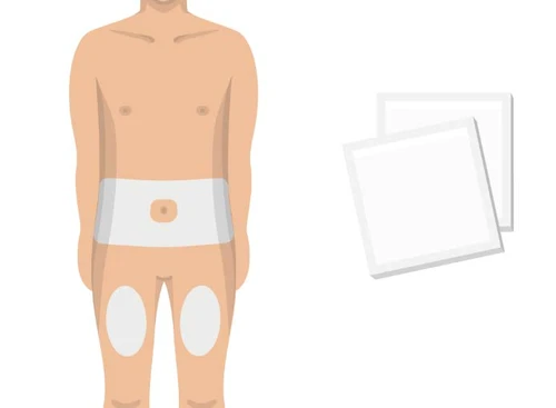 Illustration of a male torso with two white adhesive patches applied on the