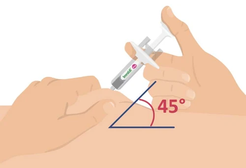 Two hands applying an Imraldi syringe to the skin at a 45-degree angle indicated by a blue line and a red number