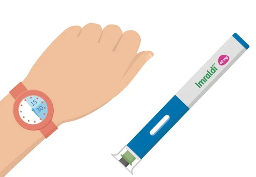 An arm with a digital watch with timer and a white and blue Imraldi injection pen on a white background